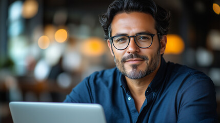 Obraz premium Young busy latin business man employee worker looking at laptop computer watching online webinar or having virtual hybrid meeting writing notes, doing market research working in office. Copy space.