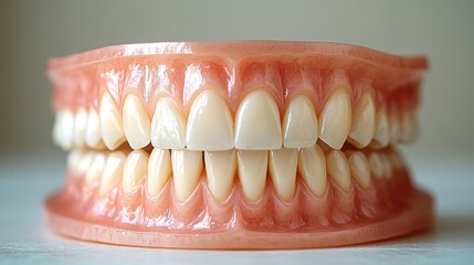 Fototapeta premium A set of realistic artificial teeth displayed on a neutral background.