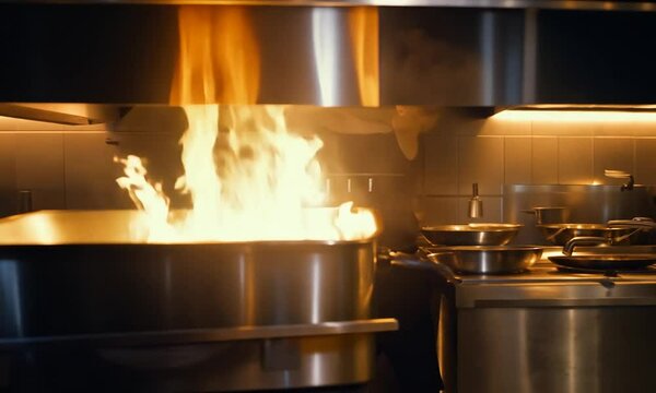 oil burning in a frying pan in a restaurant or hotel kitchen