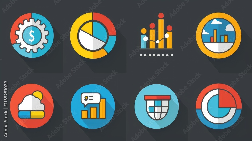 Poster colorful icons representing data analysis, finance, and weather statistics.