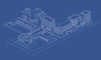 Isometric outline of cityscape vector illustration. Suitable for modern city ​​layout overview. City blueprint