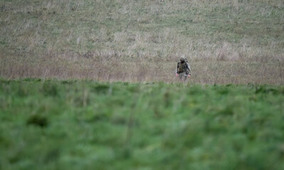 British army soldier with rilfe on a 40kg loaded cross-country march tab military exercise, Wiltshire UK
