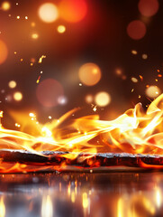 Fiery Embers and Glowing Sparks - Burning wood, intense flames, bright sparks, dark background, bokeh lights. Symbolizes energy, passion, warmth, destruction, transformation.