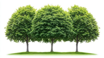 Obraz premium Triple Tree Composition Lush Green Canopies on Grassy Knoll, Nature Photography, Environmental Concept Tree,Nature,Environment