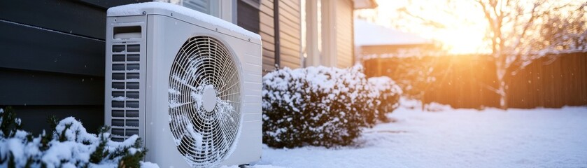 Snowy Heat Pump in Winter Sunset Exterior Unit, Cold Weather Operation, HVAC, Energy Efficiency HVAC, Heat Pump