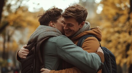 Fototapeta premium Heartwarming Moment of a Gay Couple Embracing in a Park - Capturing Love and Relationship in Nature