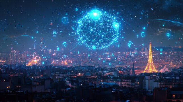 Parisian Nightscape Networked Globe over City, Digital Art, IoT Concept, Cybersecurity, Smart City Cybersecurity, Smart City