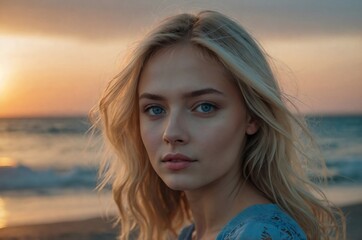 Beautiful blue-eyed young woman on the beach by the sea at sunset.