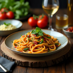 A plate of steaming spaghetti twirled with juicy meatballs, garnished with fresh basil and a dusting of parmesan cheese, set against a rustic wooden background.