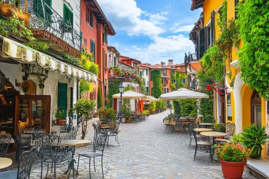 Fototapeta Colorful European Town with Outdoor Cafes
