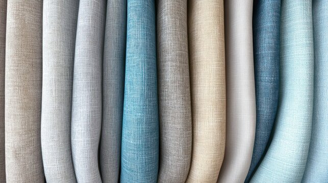 Light linen fabric in pastel blue colors. Fabric samples for curtains and tulles.
