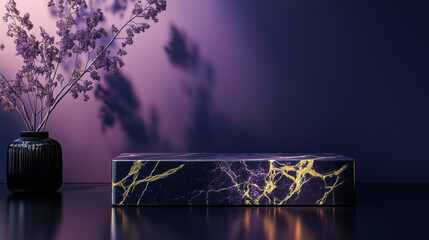 Luxury marble pedestal scene with golden vase and purple shadows — product display mockup background