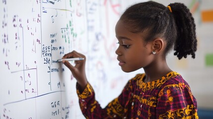 Focused young girl actively engaging in solving math problems on a whiteboard, ideal for educational and inspiring content promoting learning.
