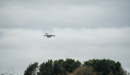 ZM401 RAF Royal Air Force Airbus C.1 A400M Atlas military transport plane in flight, on approach to...