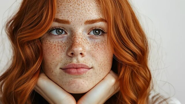 Closeup of cute thoughtful redhead young woman with long wavy hair and freckles wears stylish t shirt