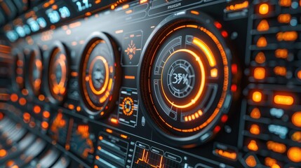 Obraz premium Futuristic control panel with glowing orange dials and digital displays.