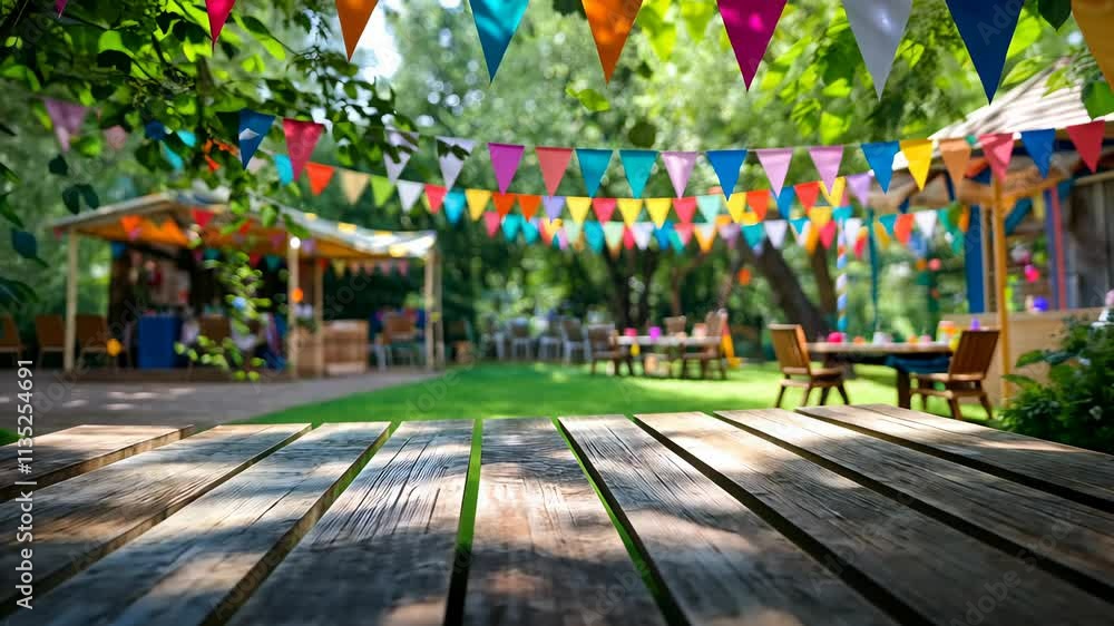 Poster empty wooden table displaying a blurred summer party background with colorful flags, perfect for pro