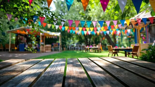 Empty wooden table displaying a blurred summer party background with colorful flags, perfect for product placement a background summer party or birthday celebration
