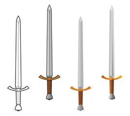 classic realistic cartoon medieval european sword broadsword icon symbol vector set of 4 on transparent background