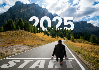 2025 New Year journey and future vision concept . Businessman traveling on highway road leading...