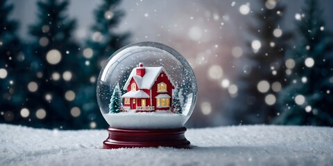 Banner for Christmas, New Year theme. Shimmering New Year's crystal ball. Christmas house with fir tree in snow globe on snowy background. Winter. New Year. Merry Christmas