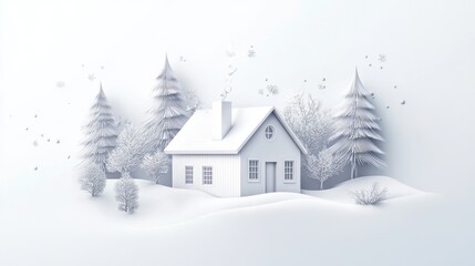 Serene Winter Wonderland: A minimalist 3D rendering of a cozy house nestled amidst snow-covered trees and a tranquil landscape, evoking feelings of peace and warmth.