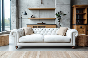 Obraz premium Loft interior design of modern living room, home. Studio apartment with white sofa against concrete wall.
