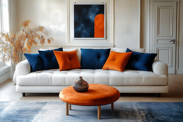 Sofa with blue and orange pillows near wall with art poster and door. Minimalist interior design of modern living room.