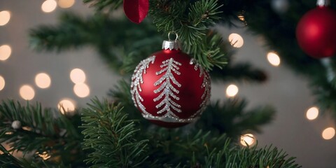 Obraz premium Warm background.Banner or greeting card Christmas and New Year concept. Close up of red, white baubles on Christmas tree. Bokeh garlands in the background.
