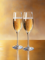 Fototapeta premium Golden Hour Celebration - Two champagne flutes, golden liquid, bubbles, celebration, luxury.