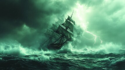 A ship struggles against a turbulent sea and stormy skies, evoking a sense of adventure and danger.