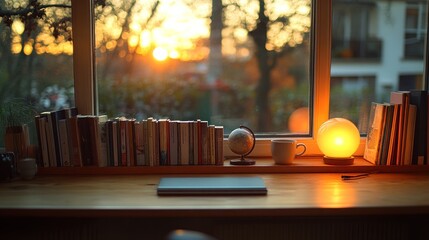 Cozy workspace by a window with books, a globe, and a warm sunset ambiance.