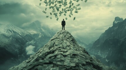 A man stands atop a mountain of dollar bills, symbolizing extreme wealth and ambition. Surrounded by vast mountains and under a cloudy sky, dollar bills fall around him, representing financial success