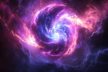 Naklejka premium Abstract plasma sphere emitting purple blue light rays swirling in dark space static electricity quantum physics