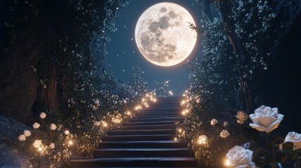 Naklejka premium Stone staircase surrounded by lush, white roses, leading towards a bright full moon. The scene is set at night with soft lighting, creating a serene and whimsical mood.. AI Generation