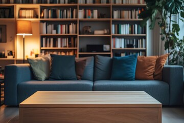 Empty wooden table product placement, displaying cozy living room with bookshelves and floor lamp