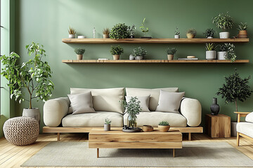 Sofa near wooden shelf against green wall with copy space. Scandinavian interior design of modern living room.