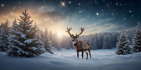 Christmas banner with magical scene of a reindeer in center in snowy forest with Christmas trees with lights and stars with copy space