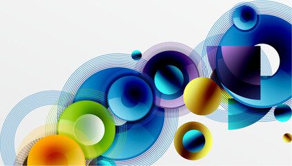 Sleek vector design with overlapping circles in vibrant colors and smooth gradients. Dynamic composition with depth, symmetry, and minimalistic elegance on a light background