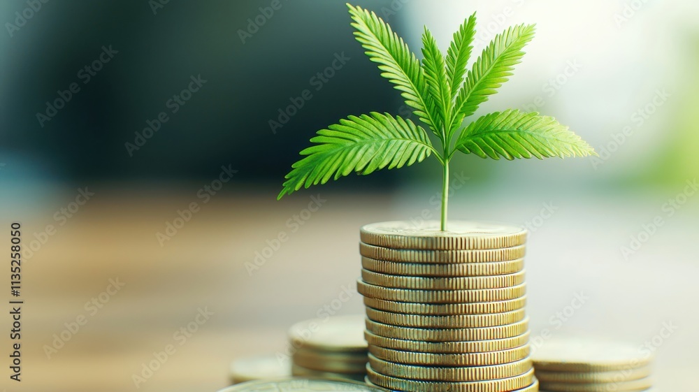 Aufkleber concept of growth in finance with a sprout emerging from a stack of coins symbolizing investment and