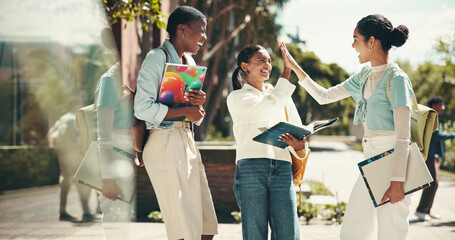 Student, friends and celebration with high five at college for application success, exam motivation...