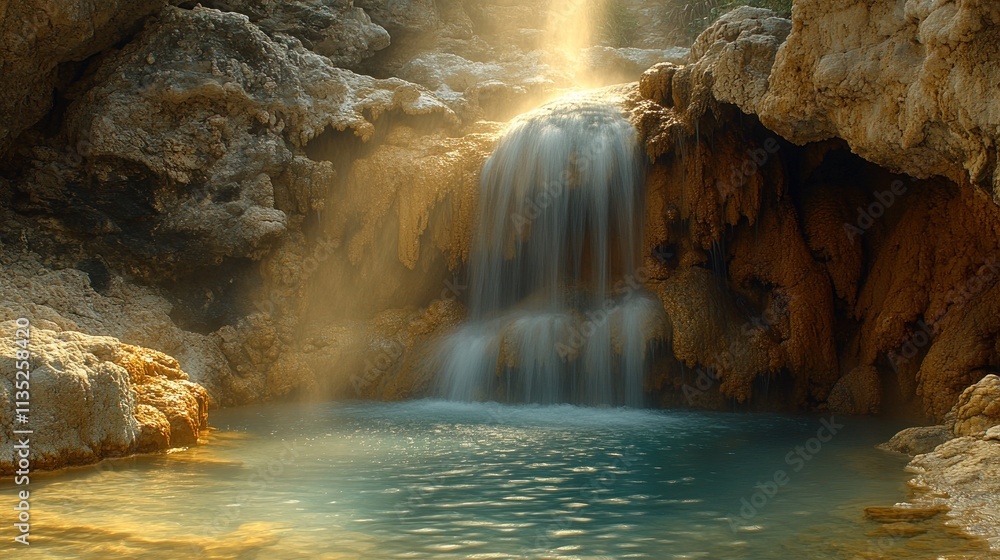 Poster a serene waterfall cascading into a tranquil pool, illuminated by soft sunlight.