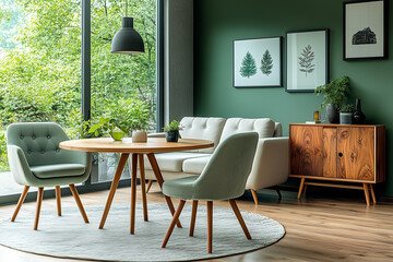 Mint color chairs at round wooden dining table in room with sofa and cabinet near green wall. Scandinavian, mid-century home interior design of modern living room.