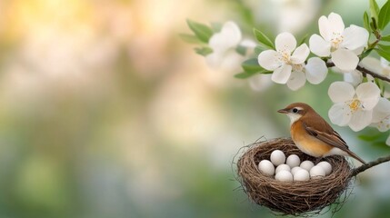 Obraz premium Nest with several pale eggs set against a blurred green background in natural surroundings