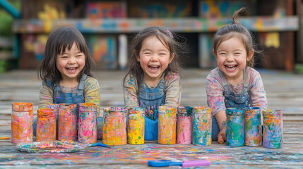 Siblings laughing while making a mess with art supplies.