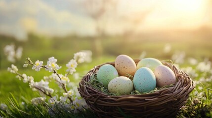 Obraz premium Spring Easter eggs in a nest surrounded by blooming flowers in a sunny meadow