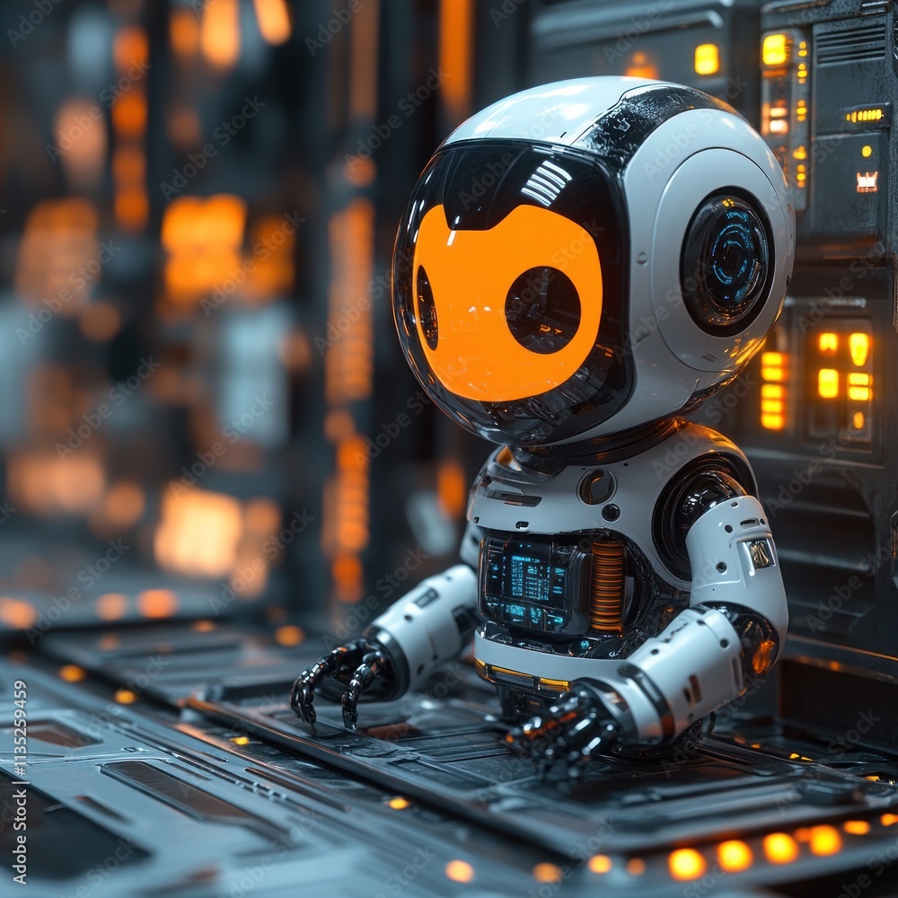 Poster a futuristic robot with a friendly design, sitting in a high-tech environment.