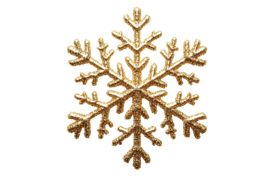 A golden snowflake Christmas ornament, cut out and isolated on a transparent background. Perfect for holiday decorations, festive designs, and seasonal themes with a PNG element.

