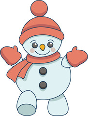 Illustration of a cheerful snowman in a hat and scarf png