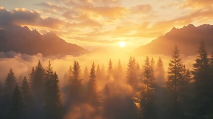 Obraz premium Golden sunlight breaks through evergreen trees at dawn in a serene landscape